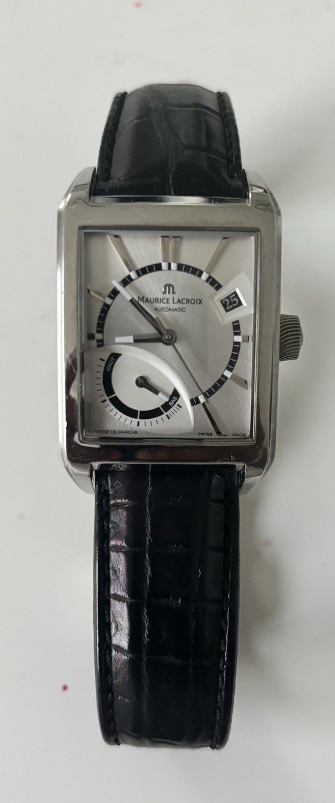 Maurice Lacroix Pontos Rectangular Auto Date Power Reserve Silver Dial Leather