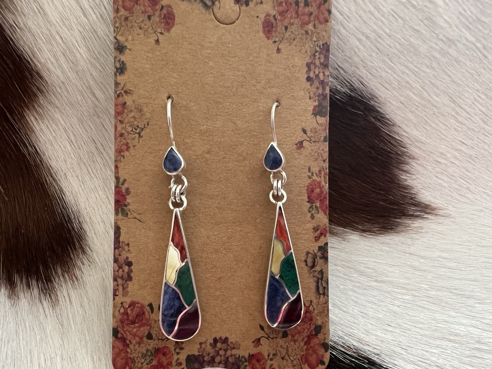 WOW Peruvian Inca Inlaid Turquoise Spiny MOP Lapis Dangle 950 Silver Earrings