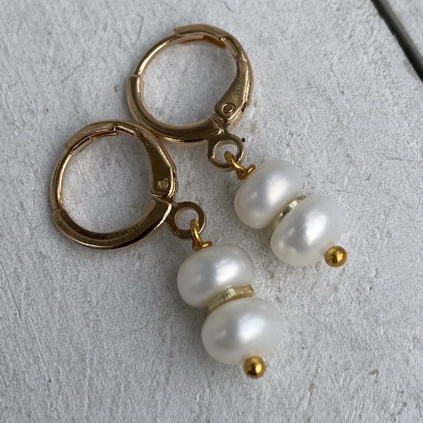 Min Favorit Genuine White Button Pearls & Gold Pl Artisan Drop Earrings
