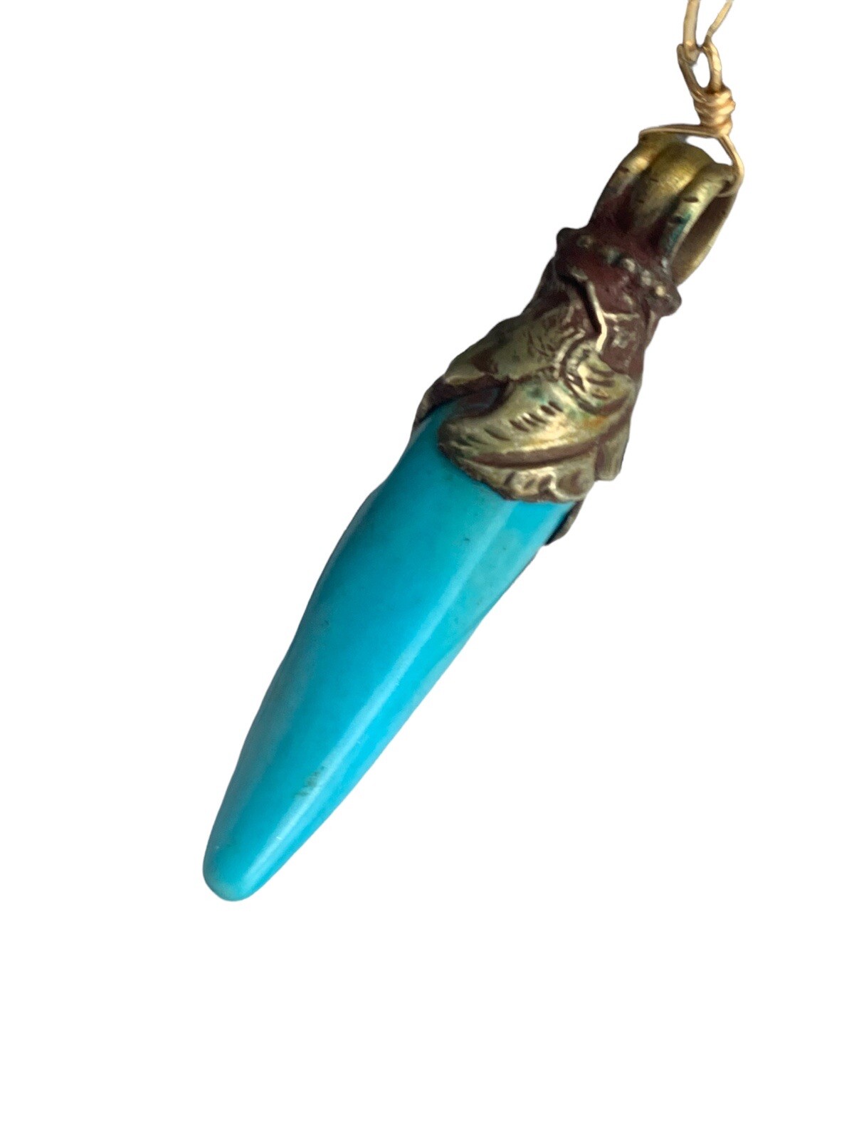 Vtg Horn Tooth Turquoise Color Gold Necklace Aged Brass Gold Tone Chain 24”+2”