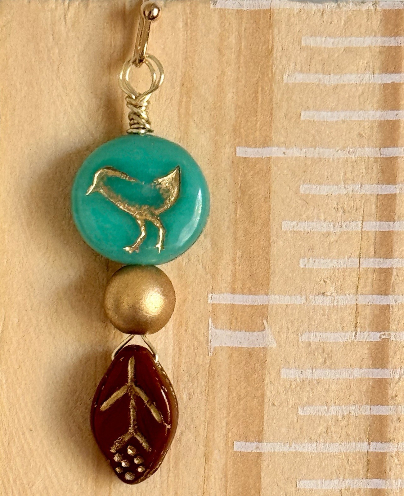 Gold, Brown Leaf and Teal Bird Bead Earrings. Love. Nature