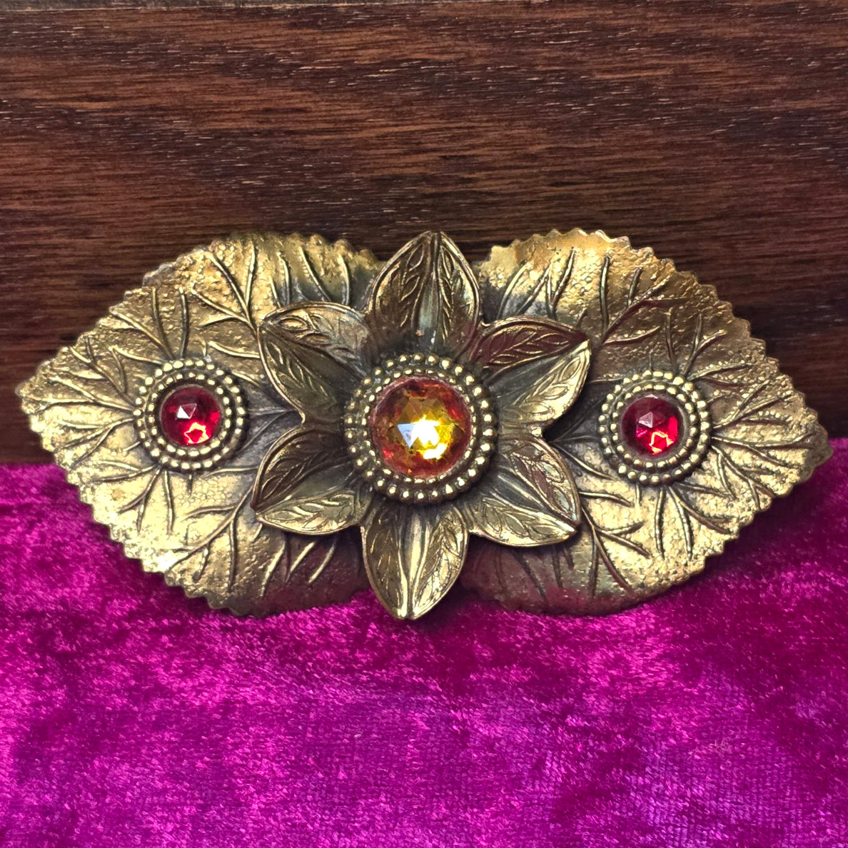 Antique Floral Leaf C Clasp Brooch Ruby Red & Amber Glass Stones 3″