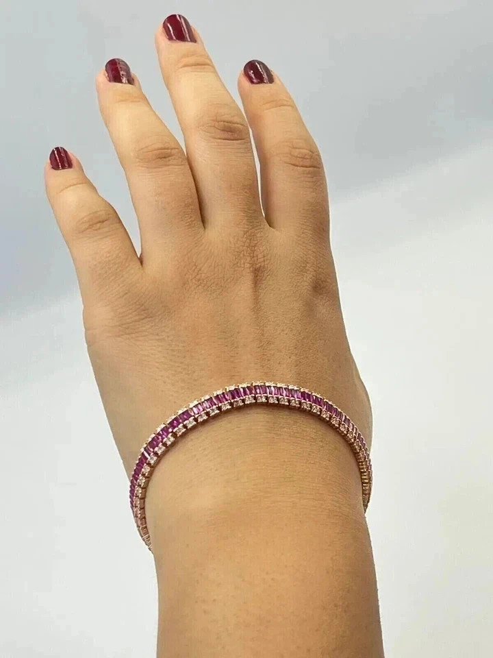 15TCW Baguette Cut Lab Created Ruby & Diamond Tennis Bracelet 14k Rose Gold Over