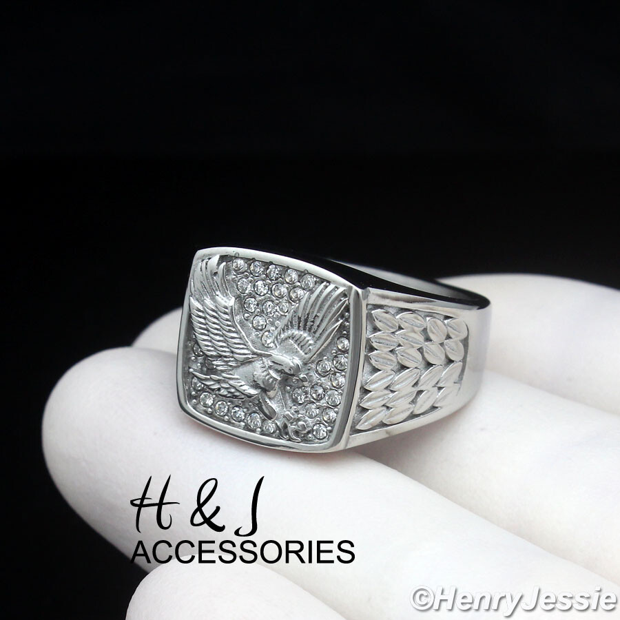 MEN’s Stainless Steel Icy Bling CZ EAGLE Square Ring Size 8-12*ASR153