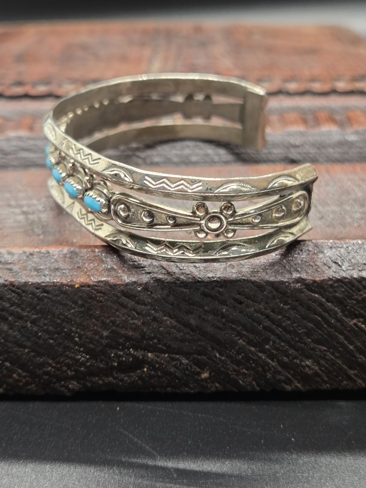 Vtg NICKLE SILVER BELL TRADING POST Southwest Navajo TURQUOISE Cuff Bracelet