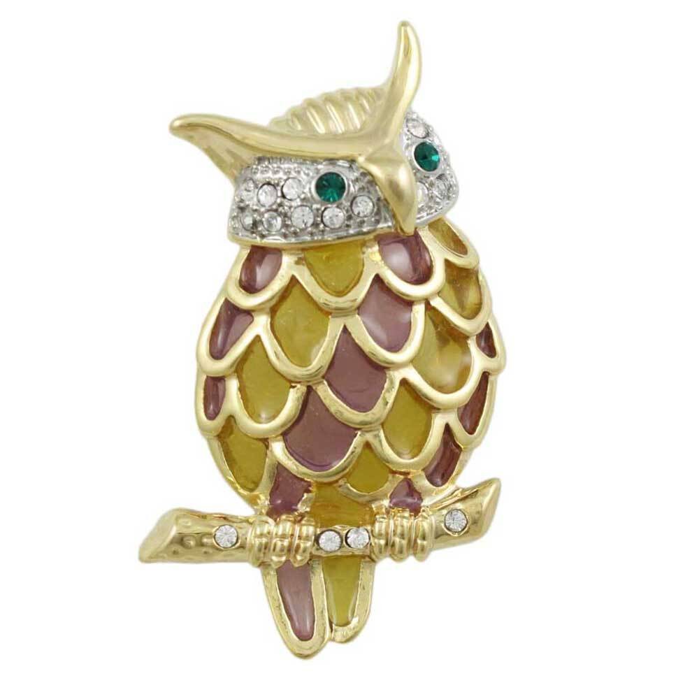 Pink and Yellow Stained Glass and Crystal Owl Pin – PRB407