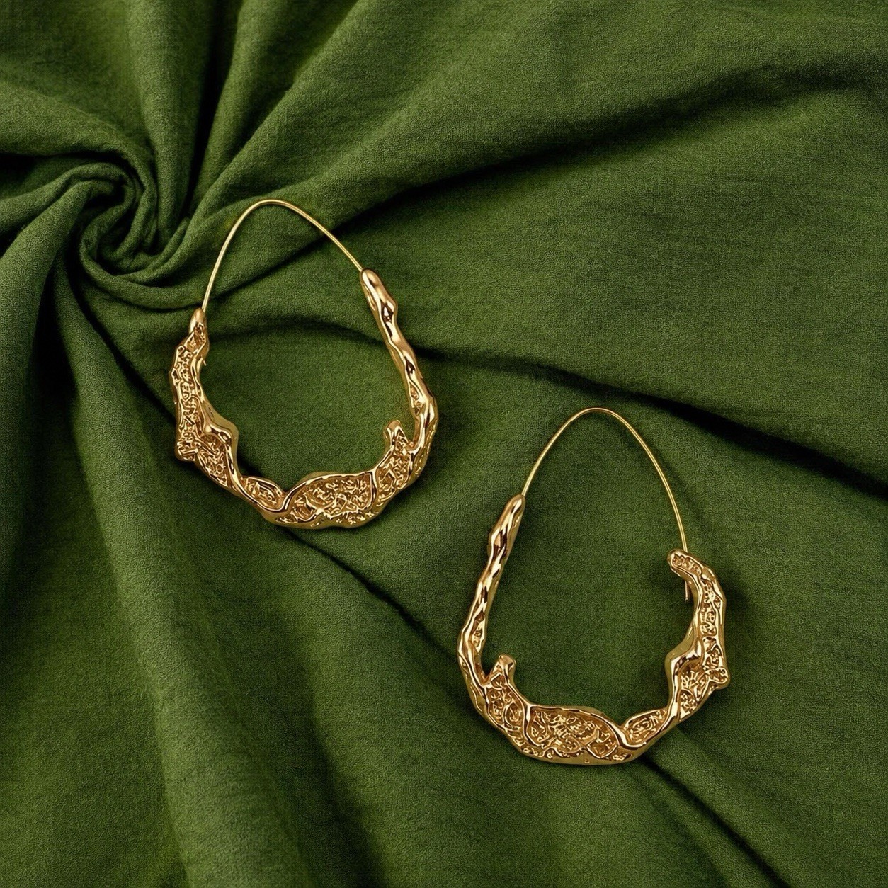 Free People Molten Gold Hammered Hoop Earrings Sculptural Artisan Boho Statement