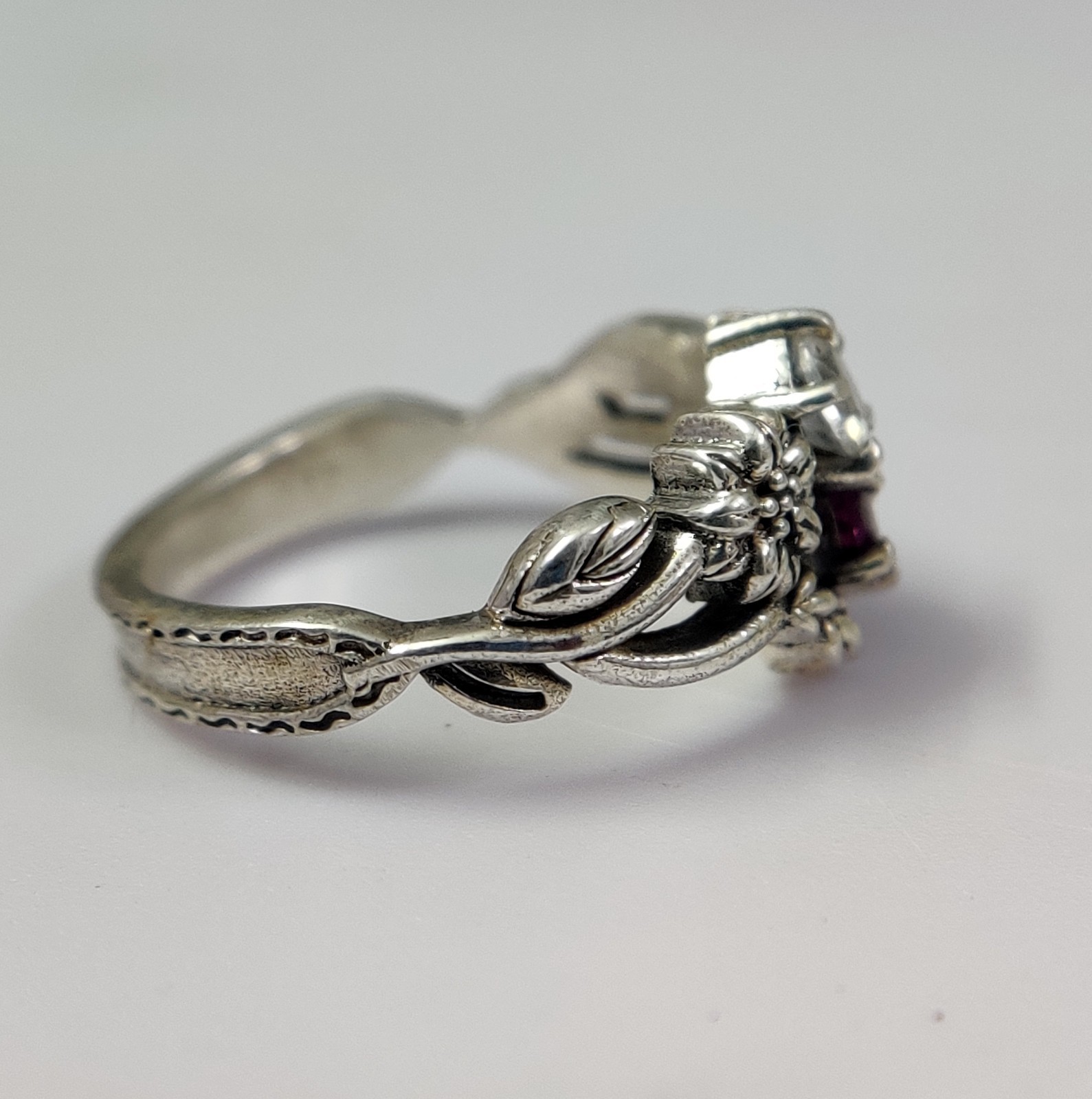 Nature Garnet Rainbow Moonstone 925 Silver Leaf Vine Floral Ring Wedding Band