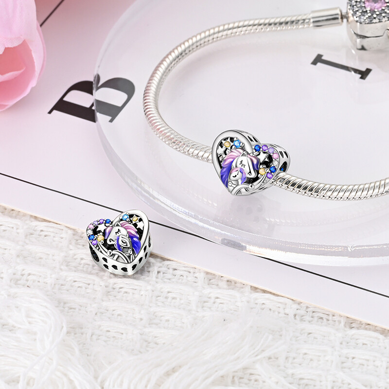 MULA European 925 Sterling Silver Pink Unicorn DIY Charm CZ for Women Bracelet