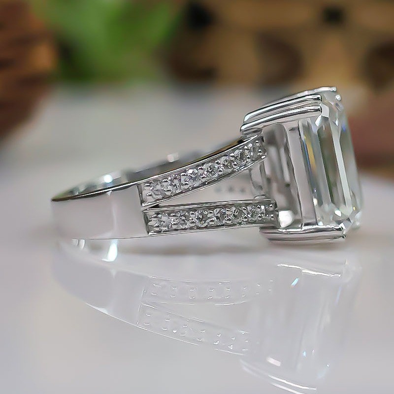 3.20TWC Emerald Cut Moissanite Split Shank Engagement Ring 14K White Gold Plated