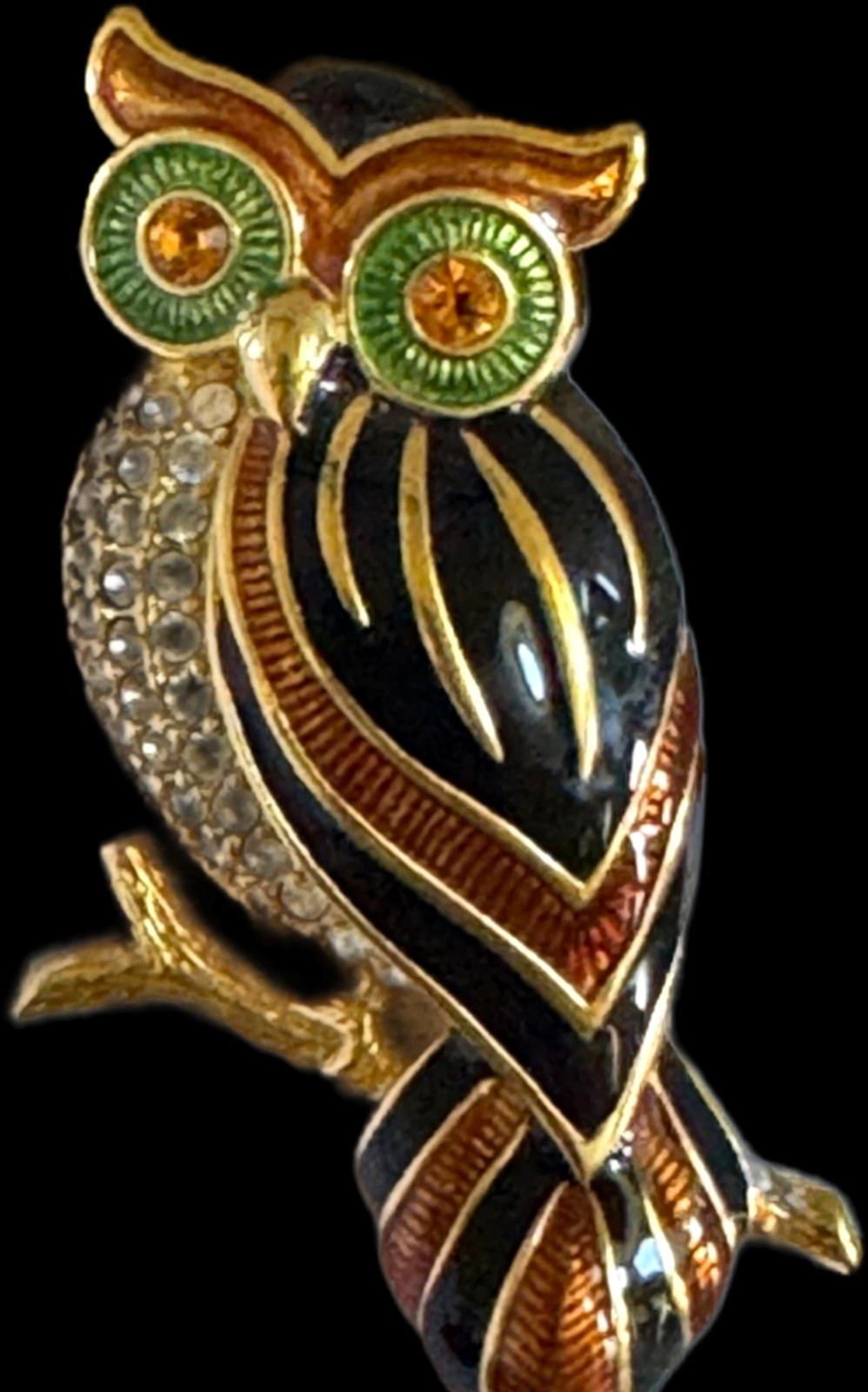Vintage 1998 Signed Trifari Owl Brooch Gold Tone Enamel Green Eyes Rhinestones