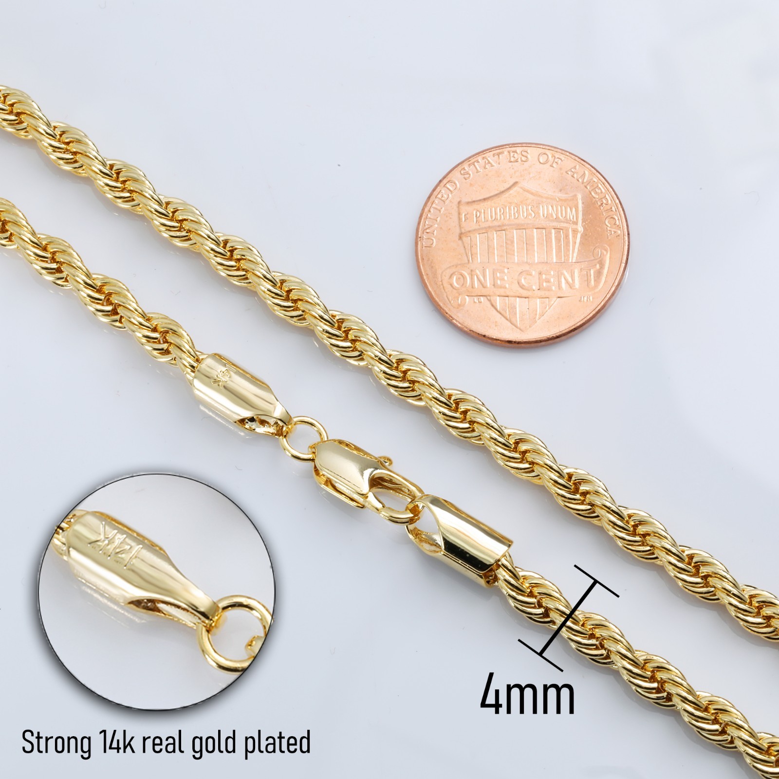14K Rope Chain 4mm 20″, 24″ & 30″In | Alphabet Bubble Letter Initial Gold Plated