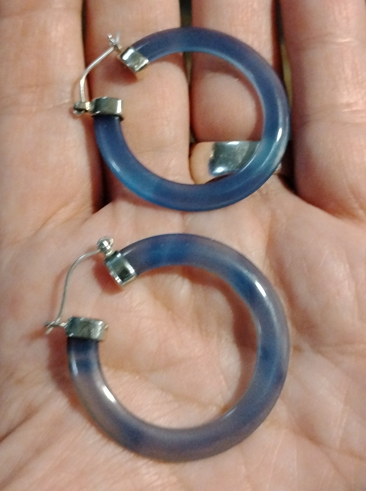 Vintage Blue Stone Hoop Earrings MARKED GSJ 925 Sterling Silver