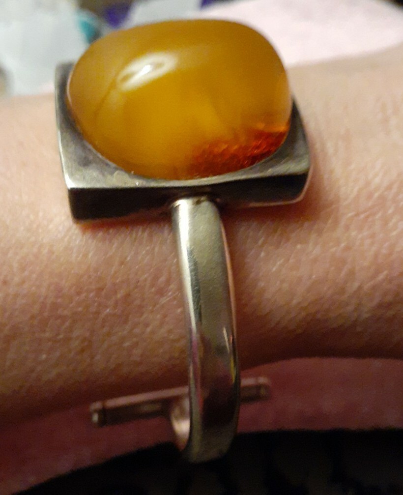 Vintage Sterling Silver Polish Honey Amber Cuff Bracelet Size Large