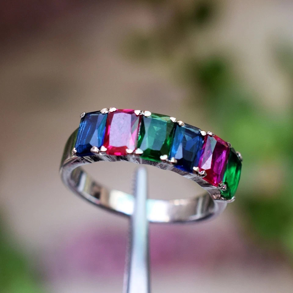 6×4 MM Created Sapphire Ring Half Eternity Band 925 Sterling Silve
