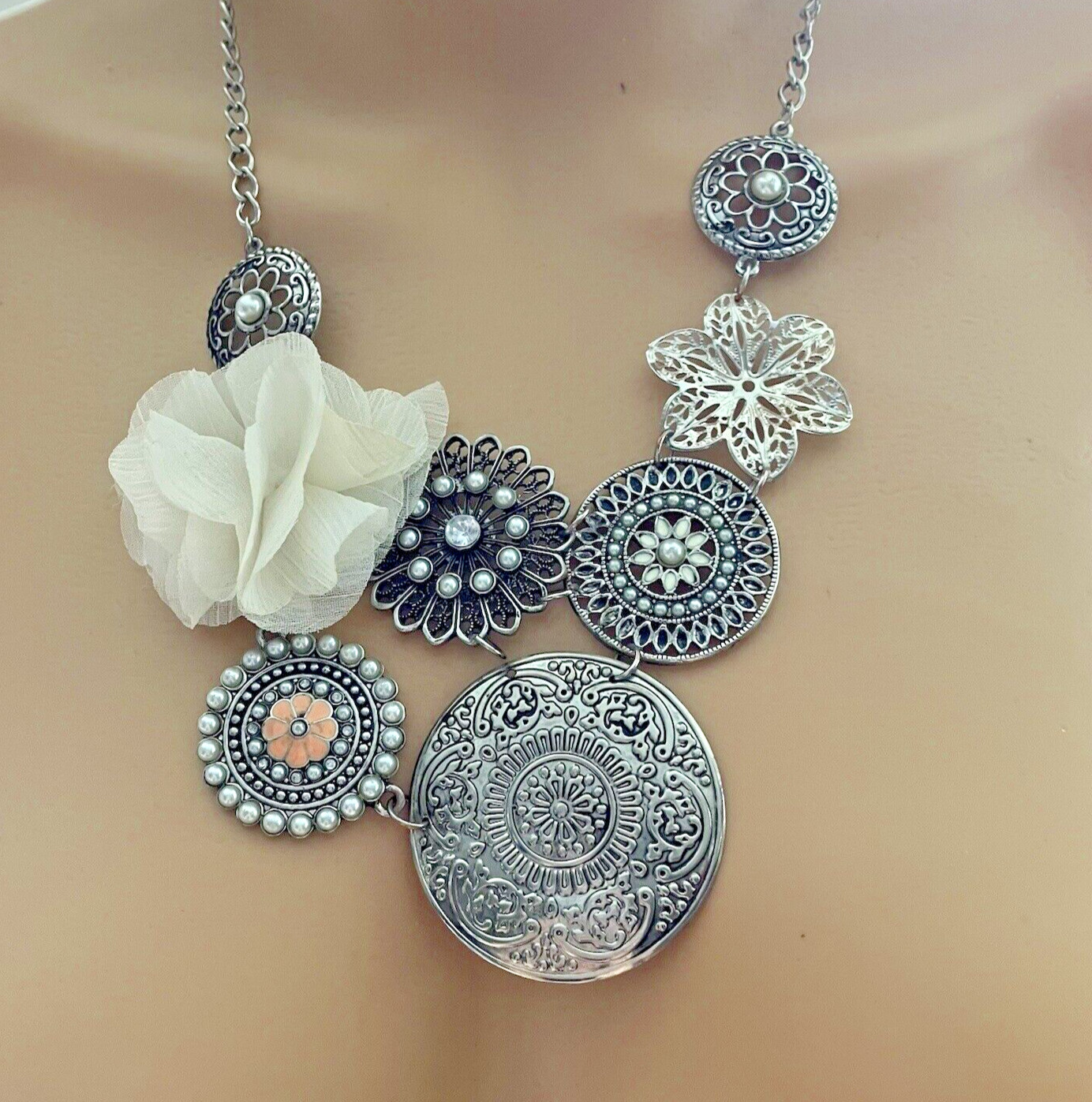 Vintage Costume Necklace Ivory Fabric Flower Silver Colored Pendants Jewelry