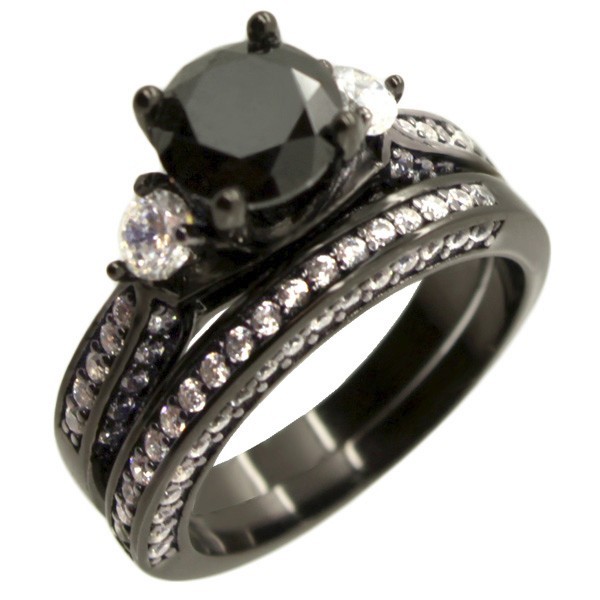 Women’s Black Three Stone Solid Sterling Silver Nicely Wedding Ring Band Set