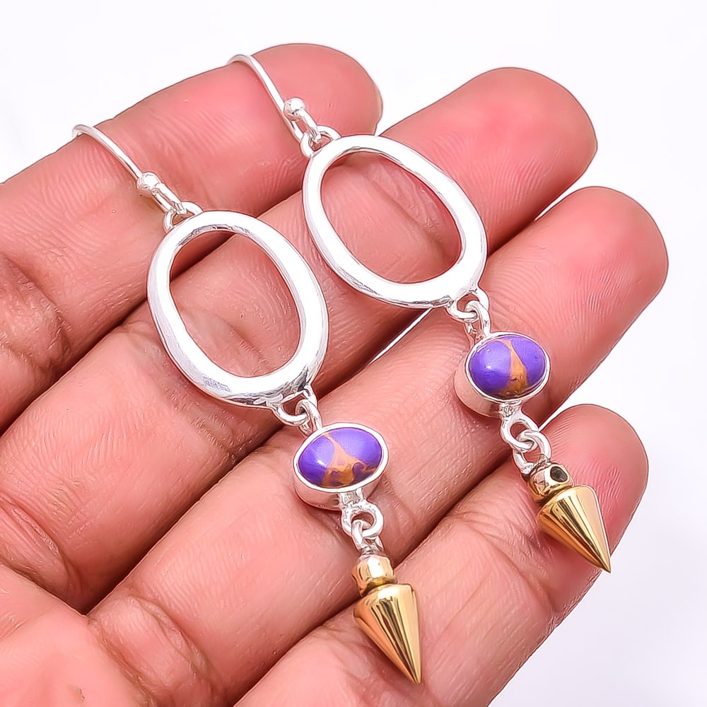 Copper Purple Turquoise 925 Sterling Silver Two Tone Arrow Head Earring 2.73″E37