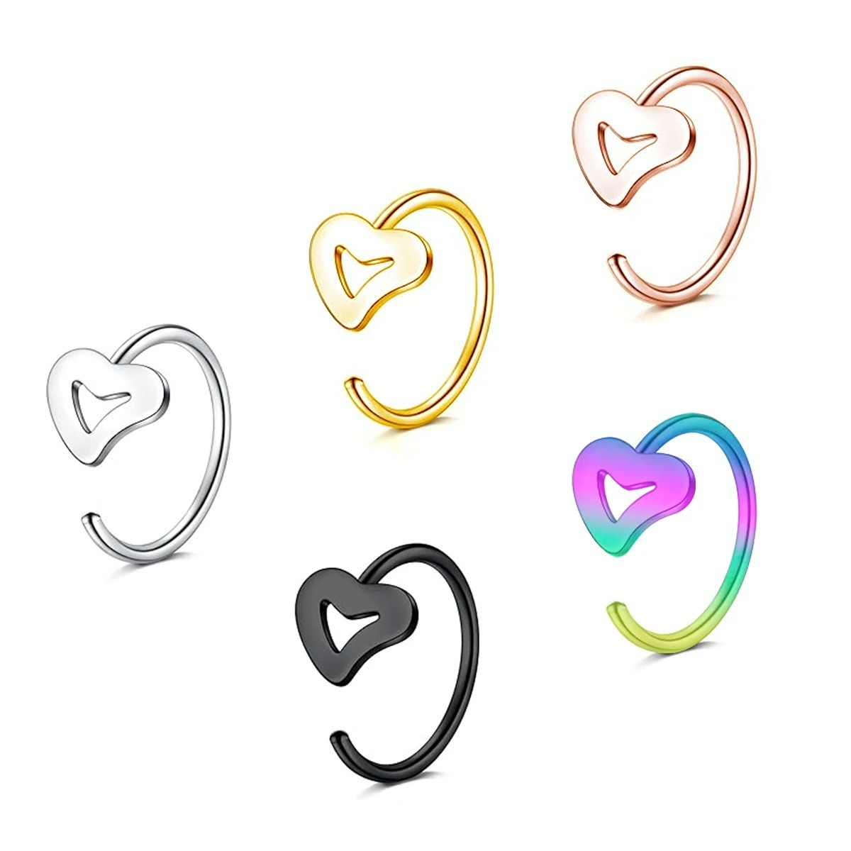 💖✨ C-Shaped Hollow Heart Nose Ring Set Stainless Steel – 2/5pcs – NEW