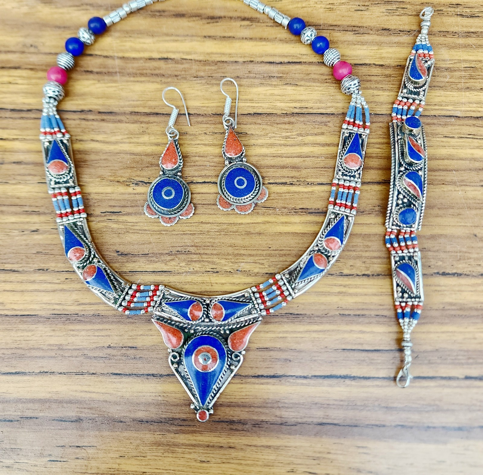 Nepali Statement Women Necklace Earring Set Lapis Turquoise Tibetan Jewelry