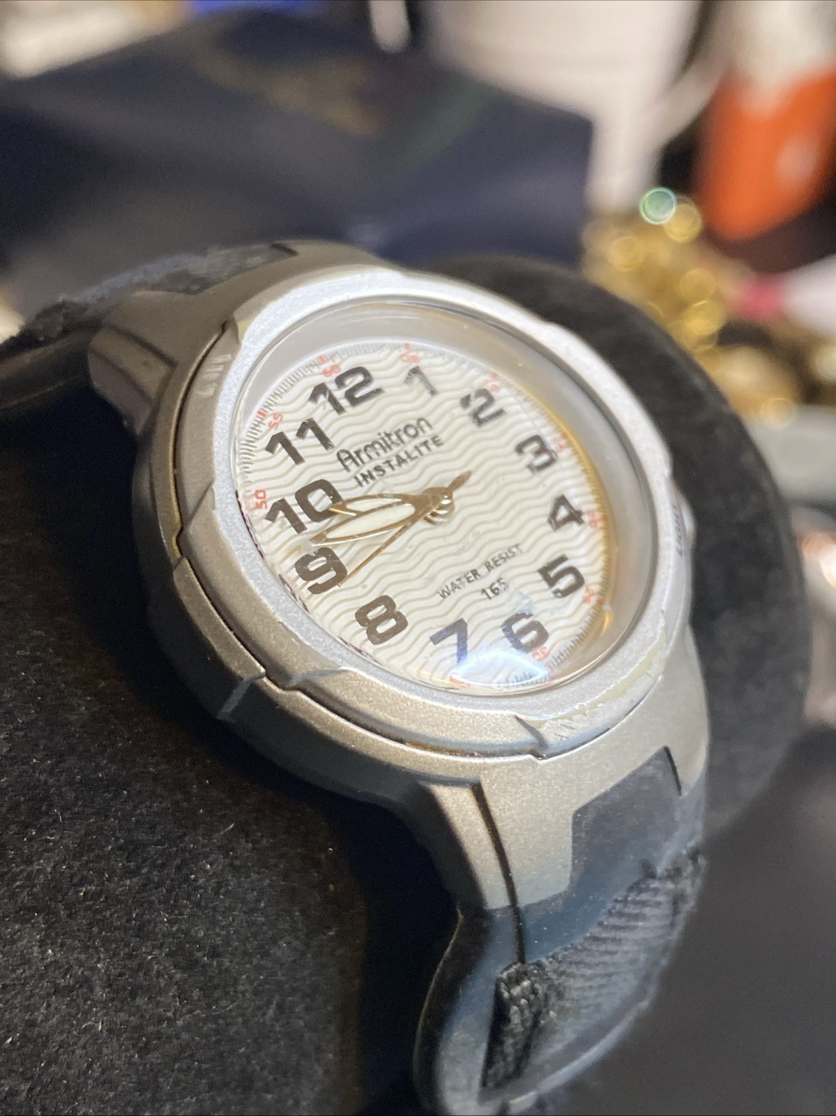 Armitron Instalite Watch Men 34m Silver Black Plastic Battery Light White Quartz