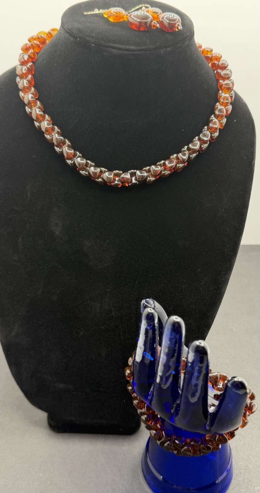 Jay King Amber/Sterling Demi Parure Earrings Necklace Bracelet 17-19” Necklace