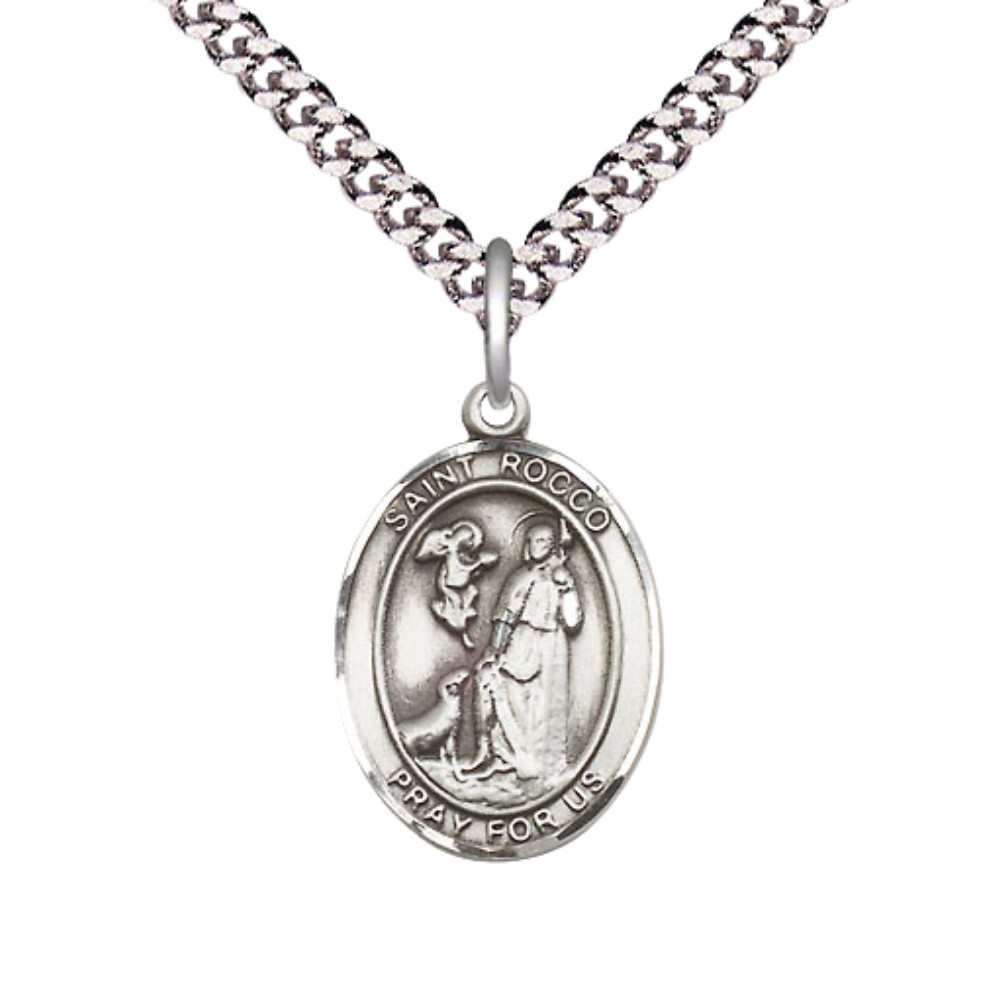 Pewter Saint Rocco Medal 24″ Lobster Claw Chain Necklace Lobster Claw clasp