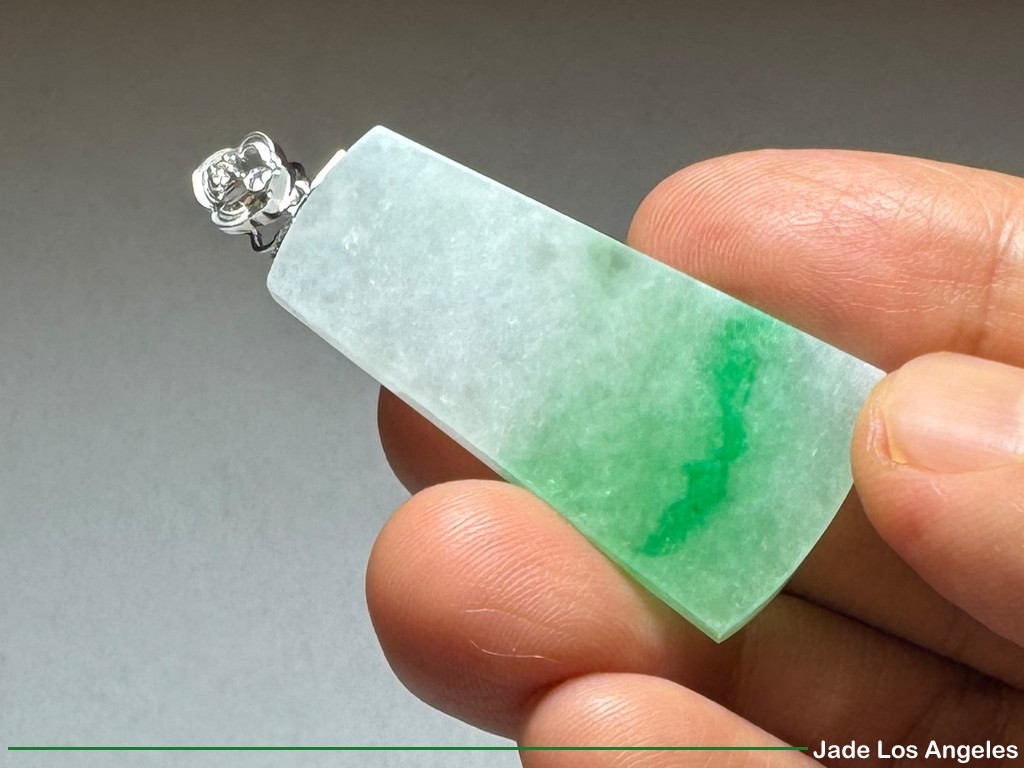 Plain Safe 平方平安 Apple Green Jadeite Jade 18K white Gold Diamond Pendant 45.23ct