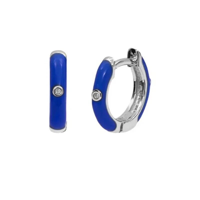 ZARD Small Huggie Hoop Earrings in Blue Enamel and CZ Accent Stacking Hoops