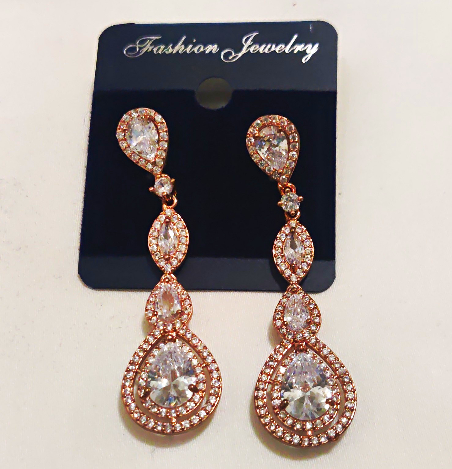 Rose Gold Plated Teardrop Stacked Dangle/Drop Earrings, Clear Crystal, Butterfly