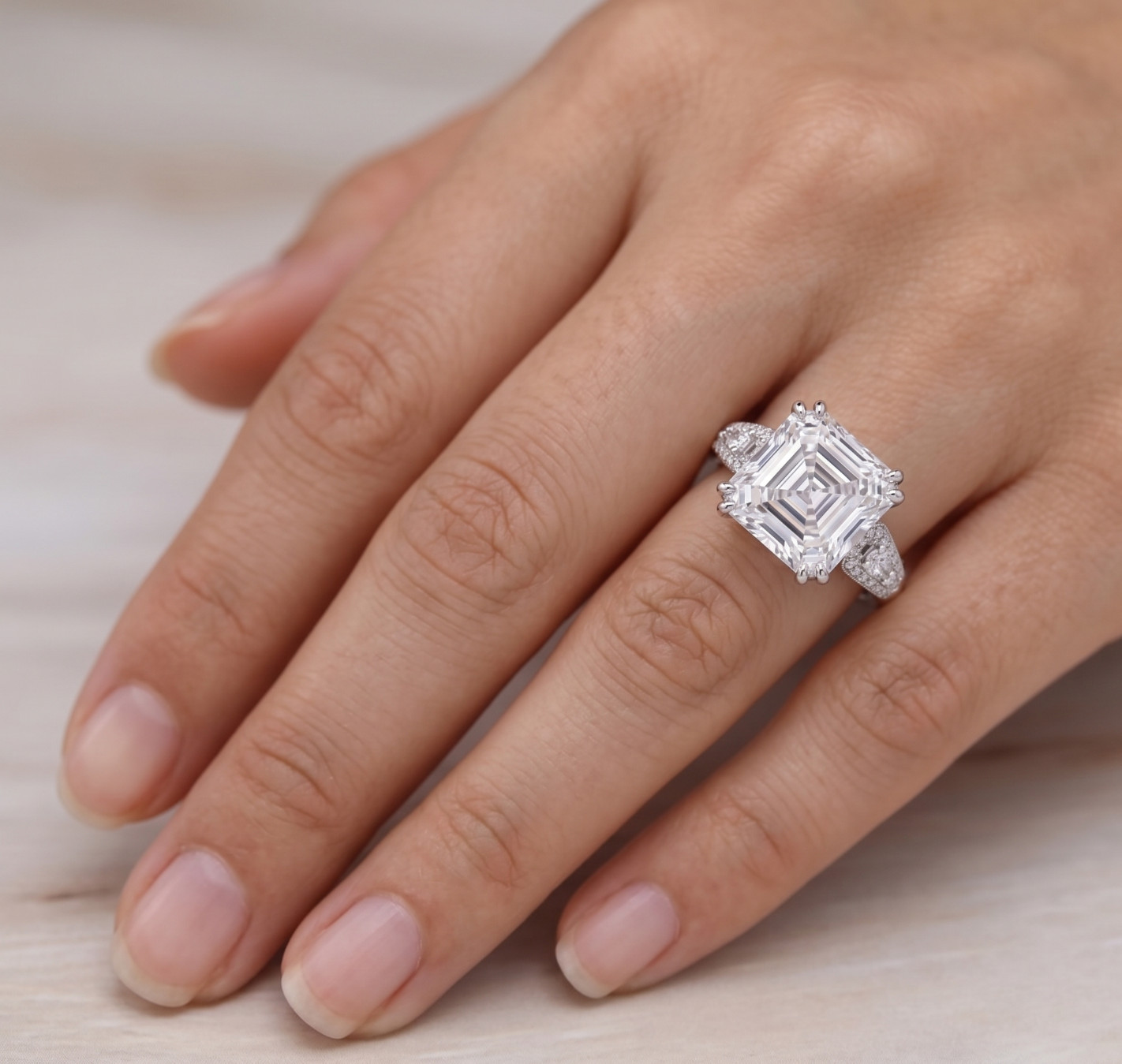 RARE 8.60 Ct Certified Asscher Cut White Natural Diamond Ring White Gold Finish