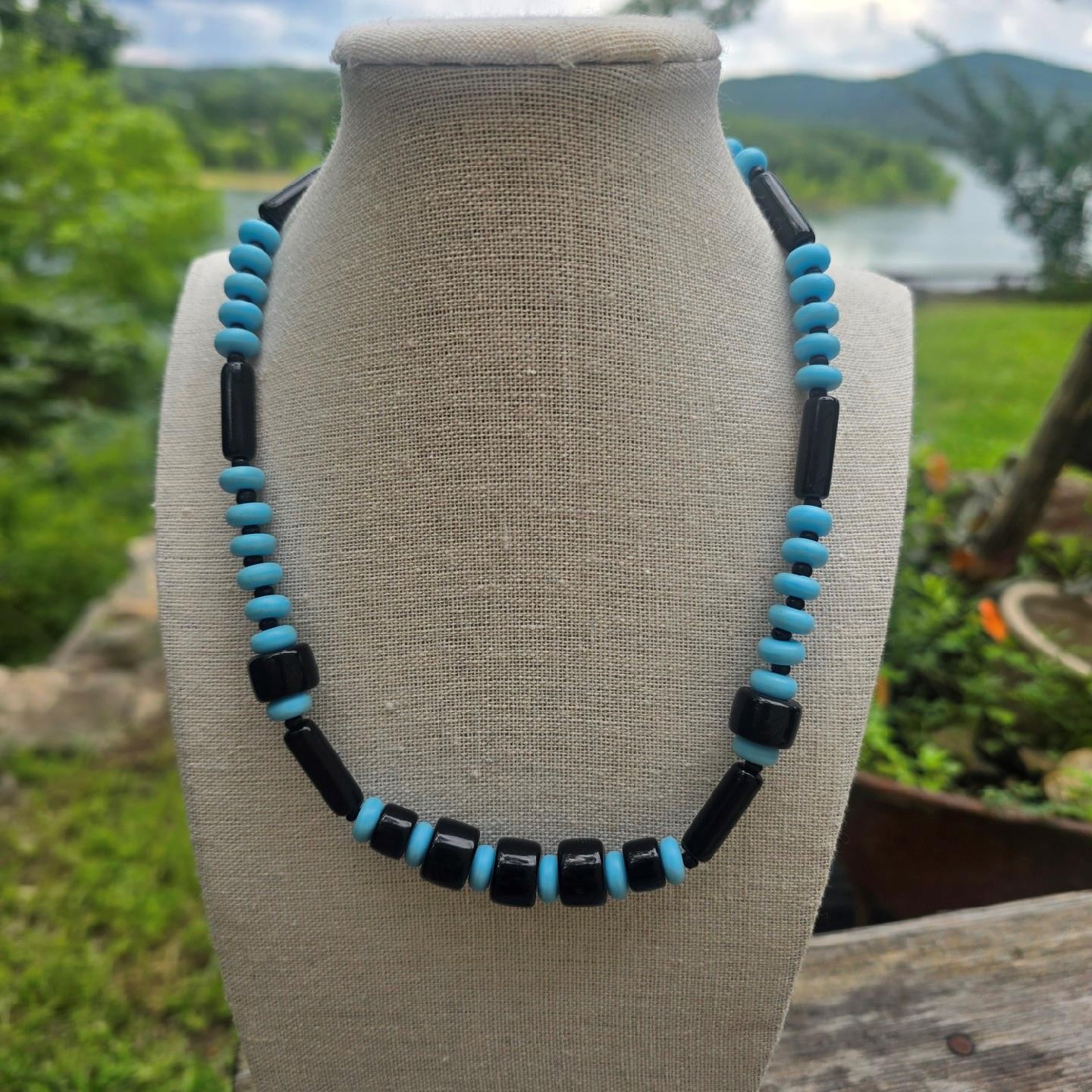 Vintage German Glass Bead Necklace Black & Blue Mid Century Old Stock 18.5 in
