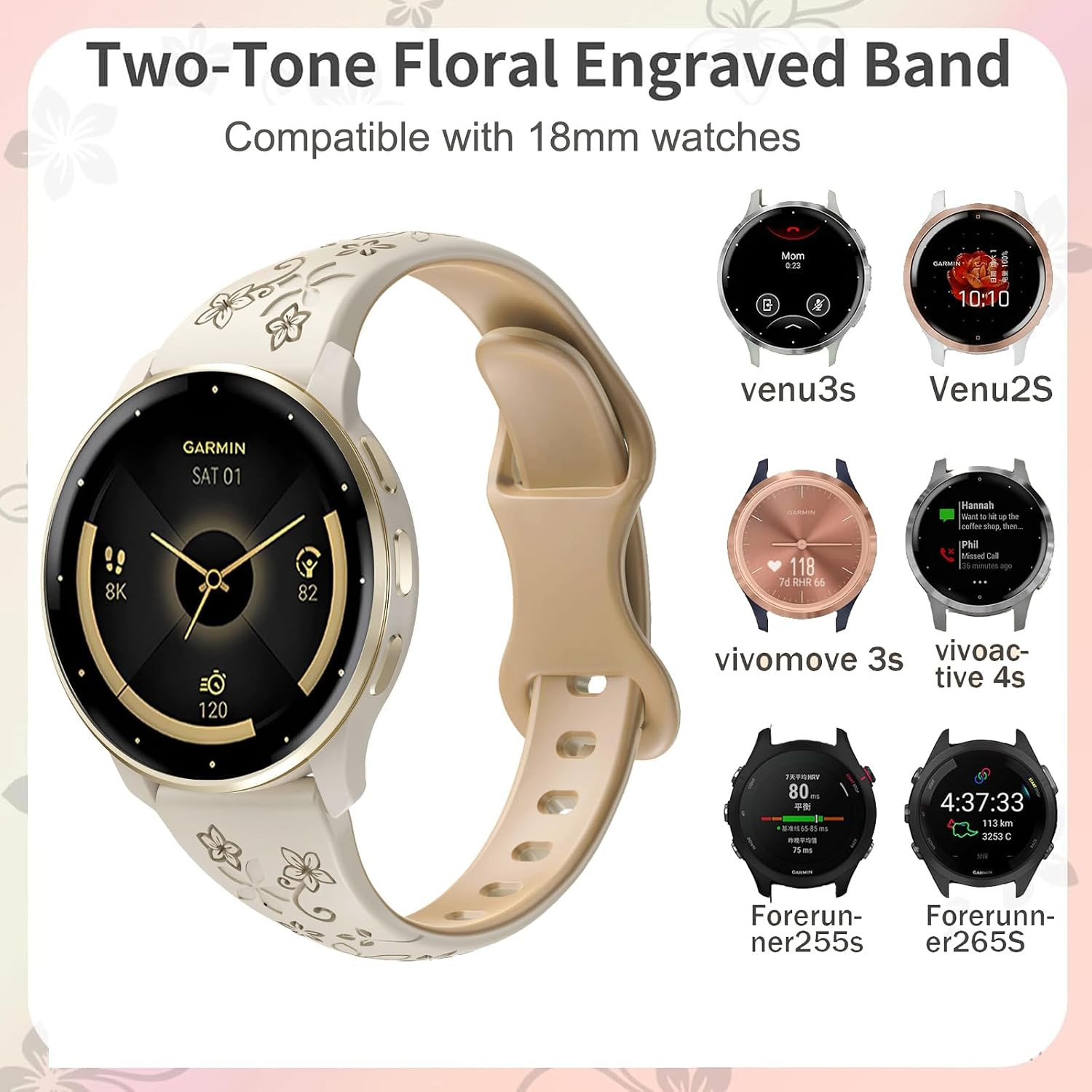 18Mm Floral Engraved Slim Silicone Watch Bands Compatible with Garmin Venu 3S/Ve