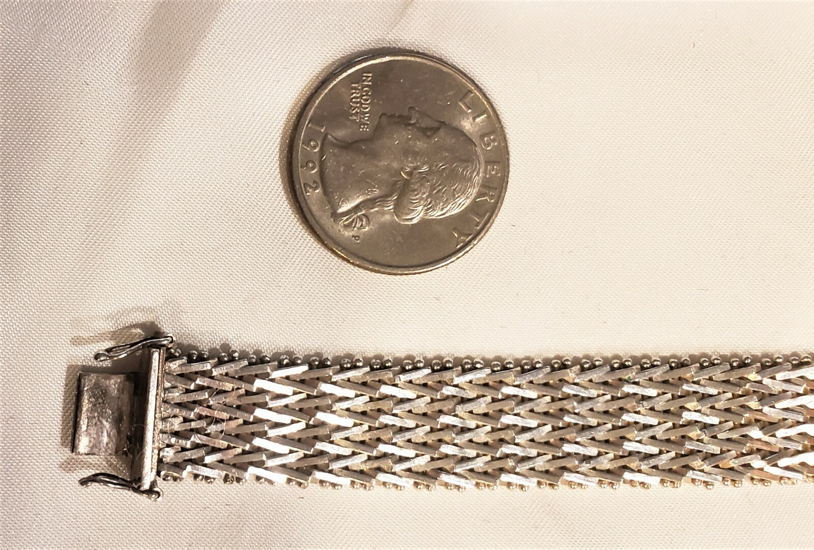 Vintage 1970s-80s Wide Woven Mesh Sterling Bracelet Signed Mexico TJ-19