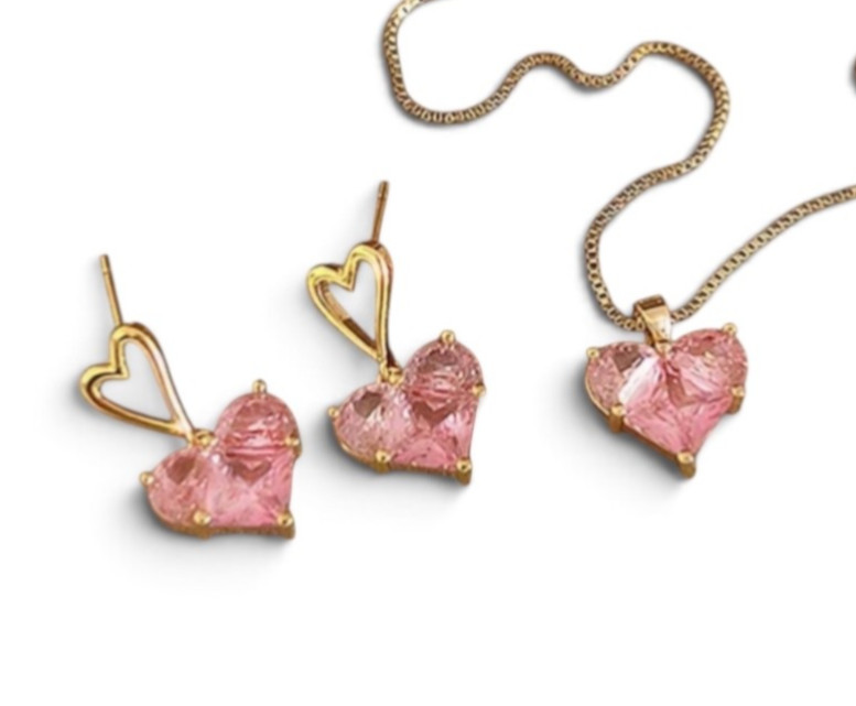 3pc Pink Heart Necklace & Earrings Set Y2K Shimmering Women’s Jewelry Gift Y5