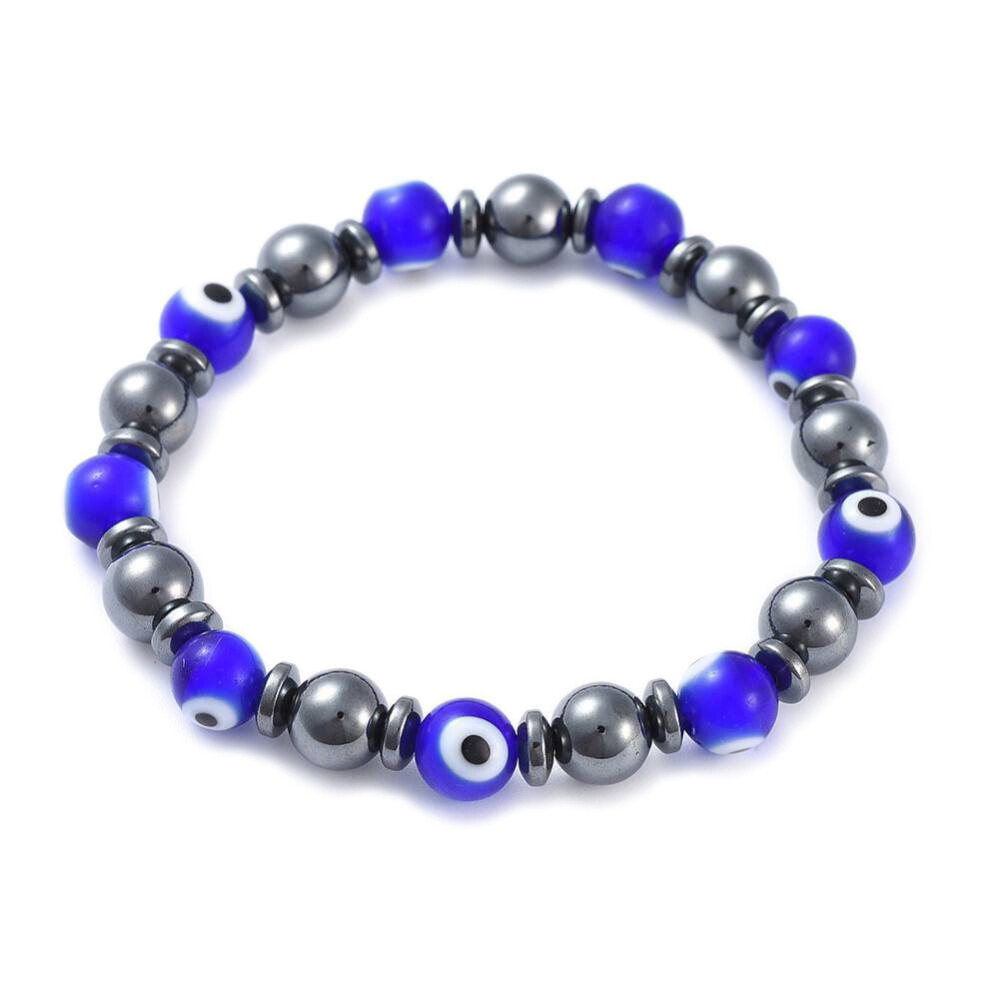 Handmade Evil Eye Stretch Bracelet Non-Magnetic Hematite Blue 2-1/4″(5.8cm) Z239
