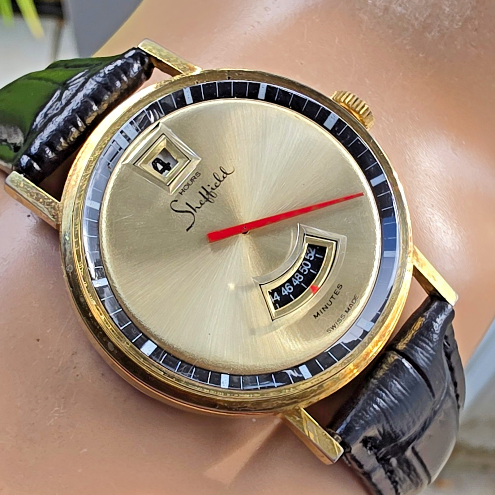 Vintage Sheffield men’s manual wind watch Jump Hour Two-tone dial 1970s