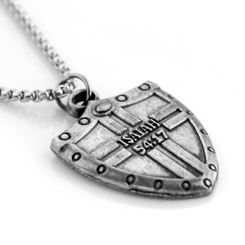 Mens Silver Bible Verse Isaiah Cross Shield Pendant Christian Necklace Chain 24″