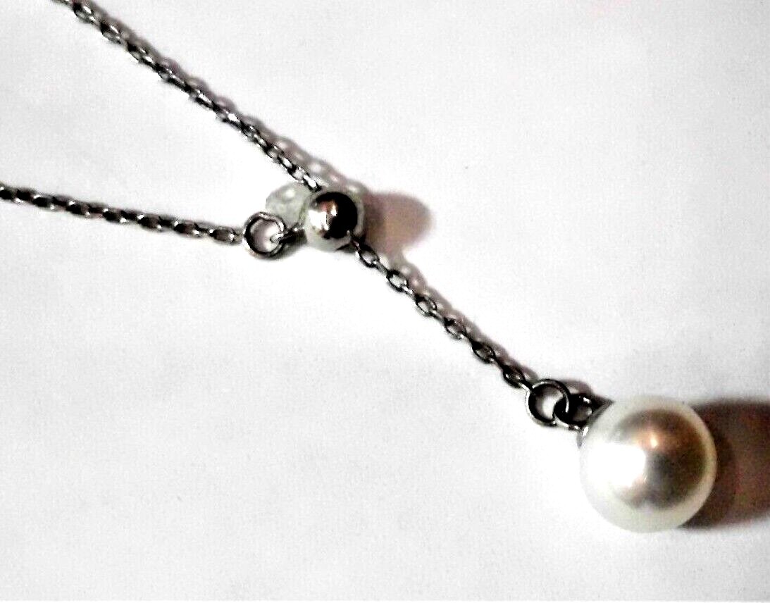 Sterling Silver Genuine Pearl Lariat Pendant Adjustable Slide Necklace Drop