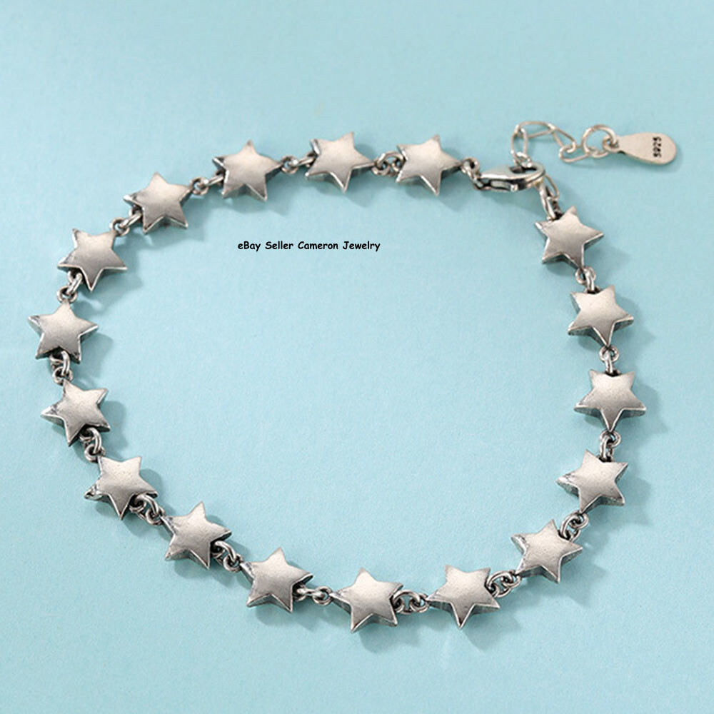 Pure S925 Sterling Silver Chain 7mm Five Star Link Bracelet 10-11g 6.7-7.5inch
