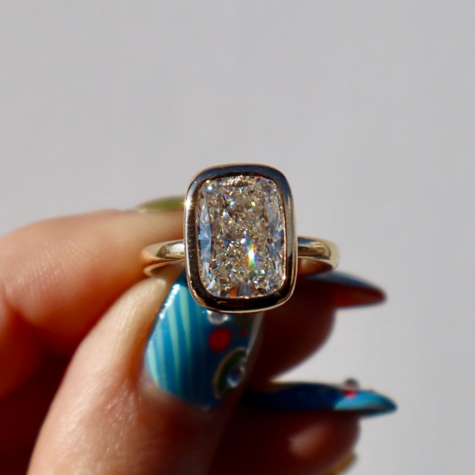 4 CT Elongated Cushion Bezel Moissanite Engagement Ring 14K Yellow Gold Plated