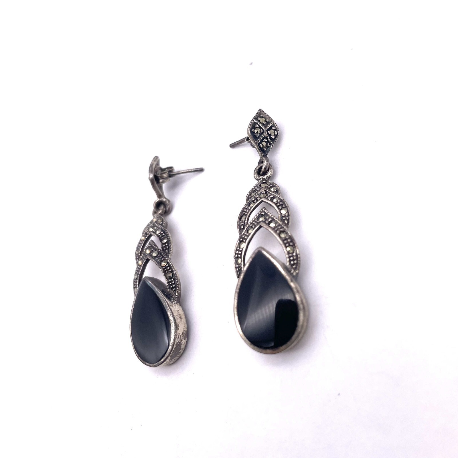 Black Onyx Marcasite Teardrop Dangle Earrings 925 Sterling Silver