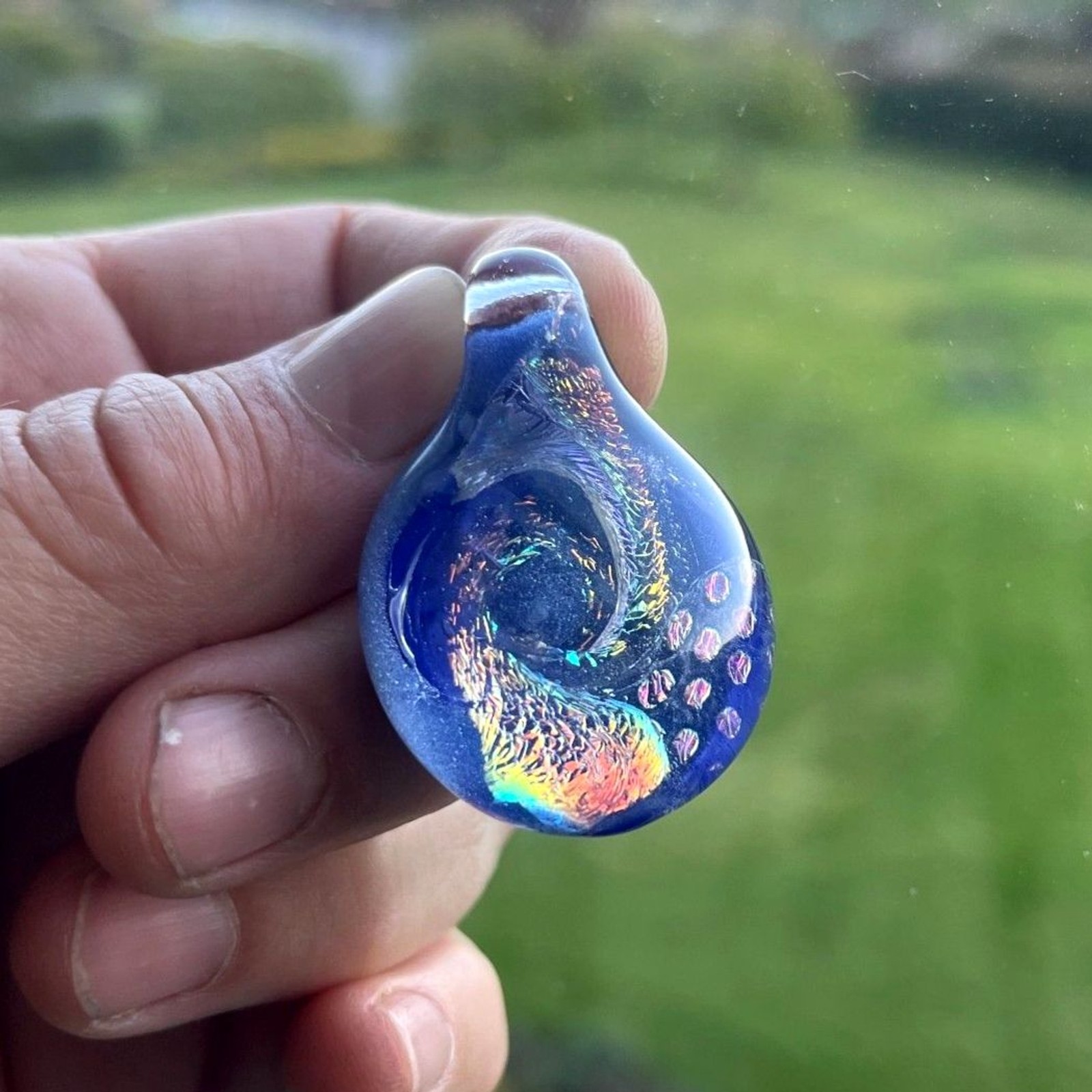 Fumed Glass Pendant Blue Vortex Galaxy Iridescent Borosilicate Art Glass Jewelry