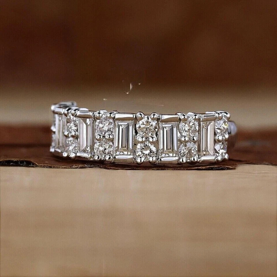 1.50Ct Round & Baguette Cut Lab Grown Diamond Half Eternity Band 14K White Gold