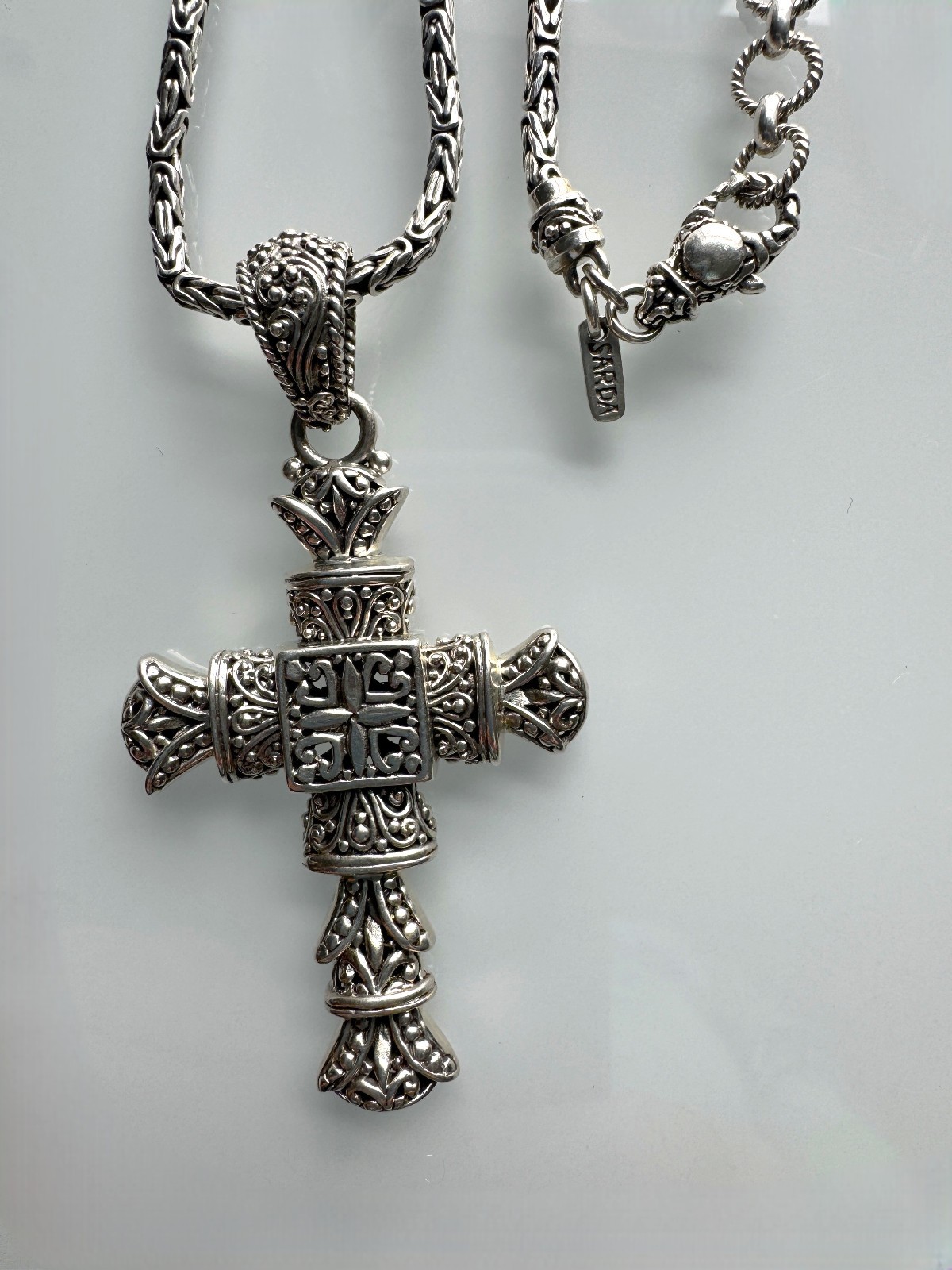 SARDA Bali 925 Sterling Silver 20″+4″ Byzantine Chain & 2.7″ Cross Pendant