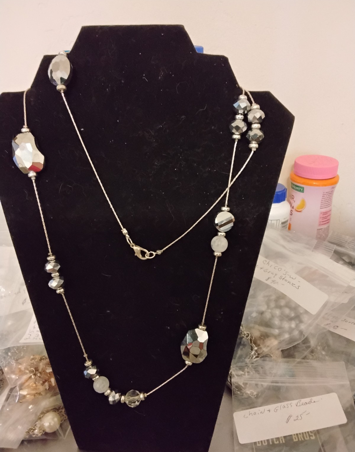 Silver Tone Station Beaded Necklace – Gray Crystal/Glass Teardrop, Lobster