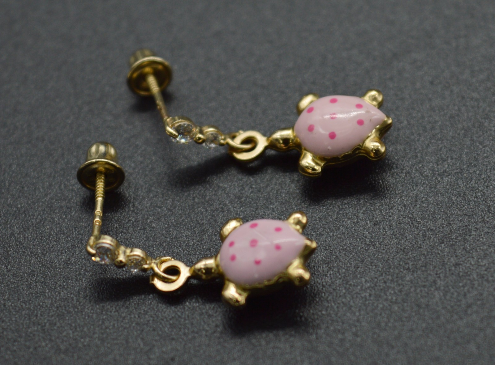 JM147 Enamel Pink Turtle 14K Solid Yellow Gold Dangle Screw-back Earrings