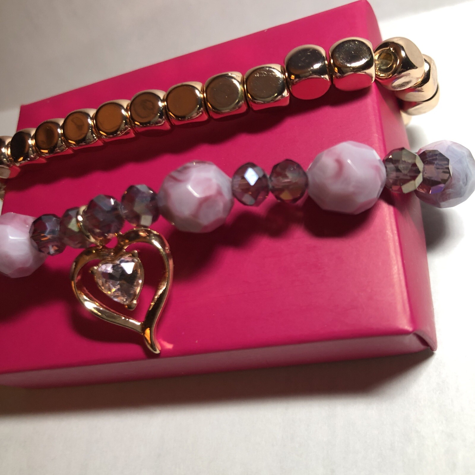 Avon Rose Gold Bracelet & Mauve Beaded Rhinestone Heart Charm Bracelet One Size