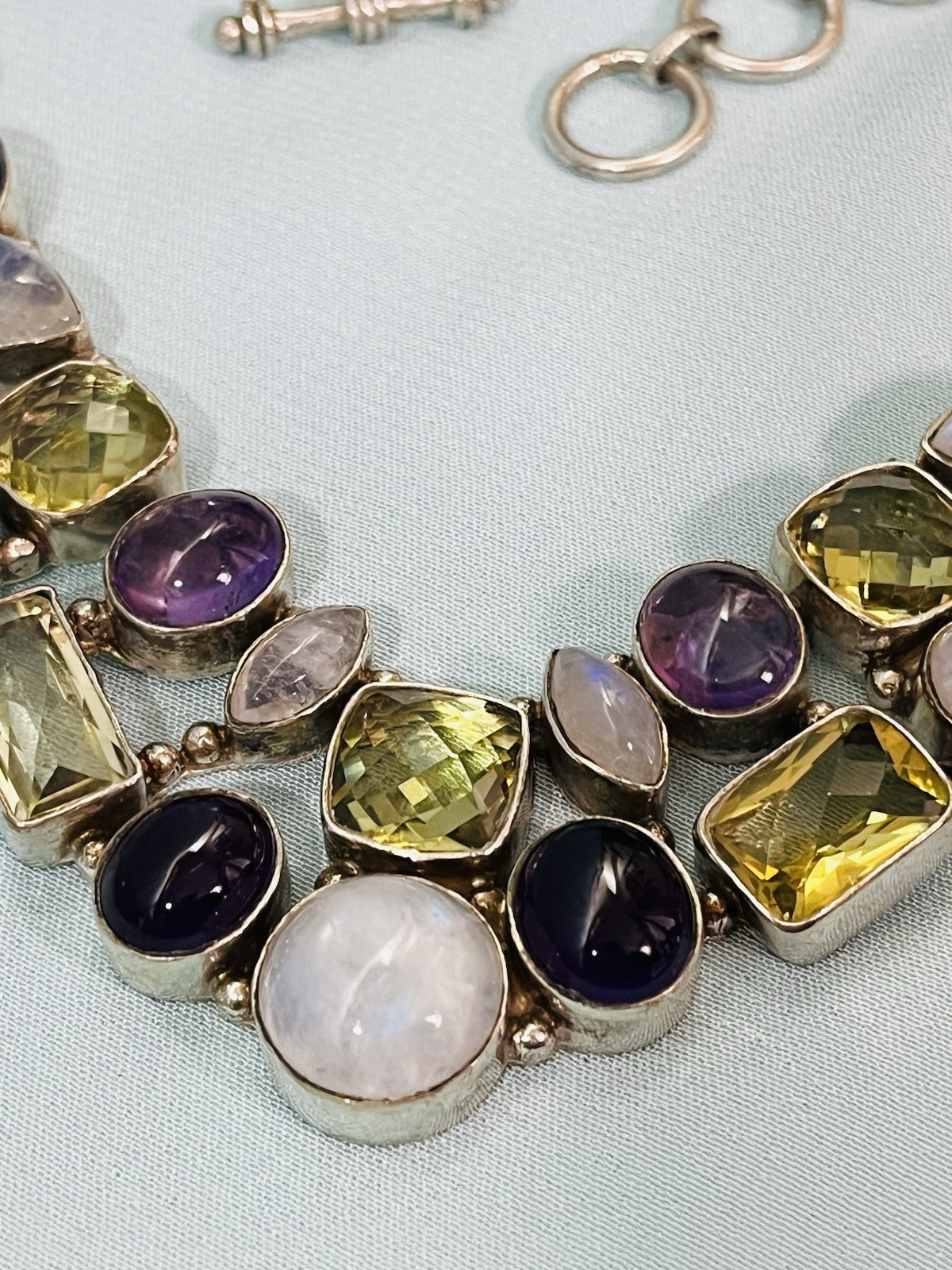 Sterling Silver Multi-gem Moonstone Tourmaline Amethyst Necklace Healing 96 Gram