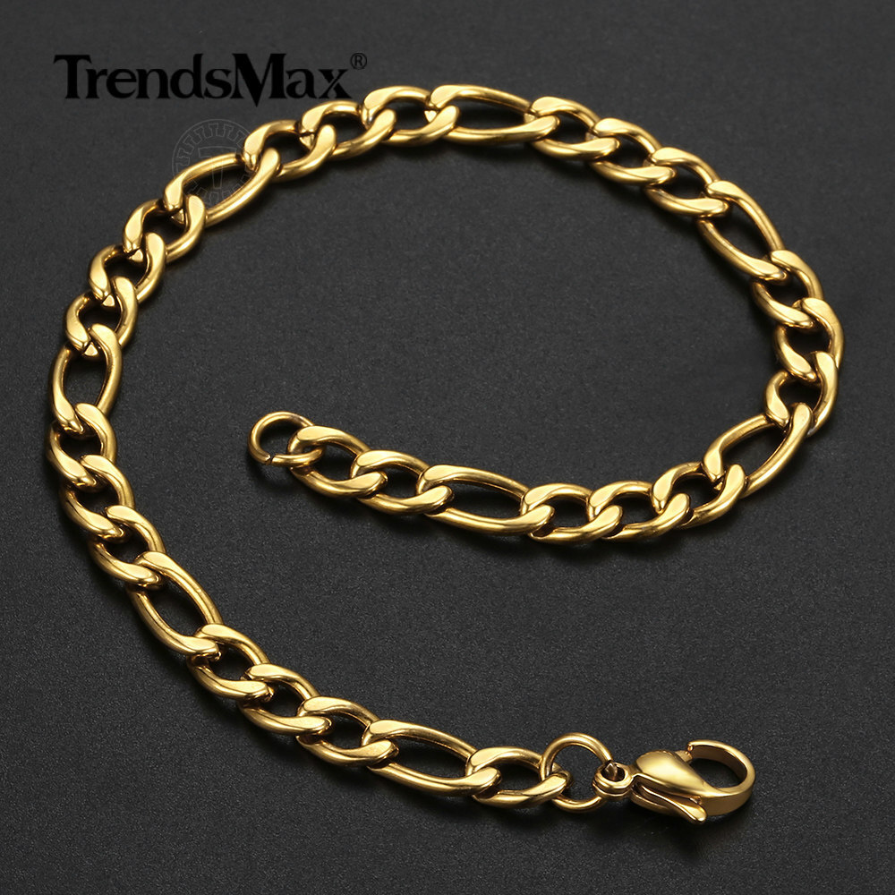 3/5/7/9mm Gold Plated Stainless Steel Figaro Chain Bracelet New Style Jewelry